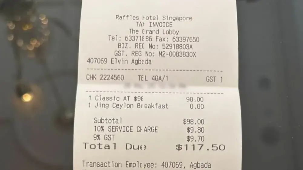 ラッフルズホテルのアフタヌーンティーの領収書