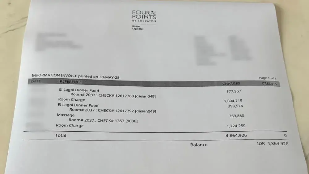 ビンタン島おすすめホテル「フォーポイントバイシェラトンビンタン」の支払明細書