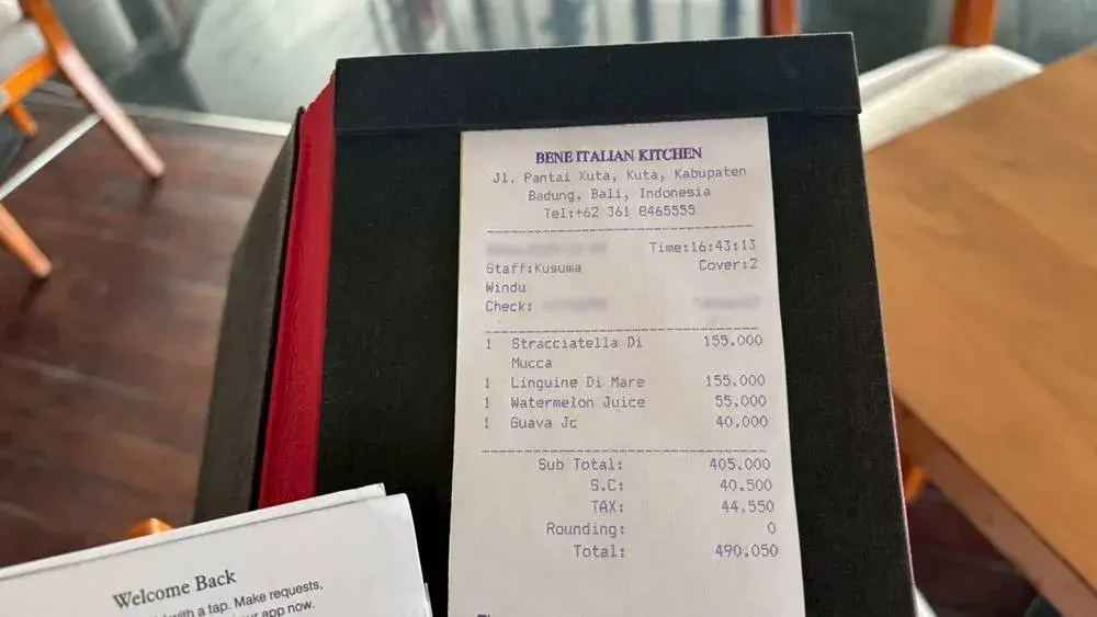 シェラトン・バリ・クタ・リゾート内にあるイタリアンレストラン「Bene Italian Kitchen」のお会計