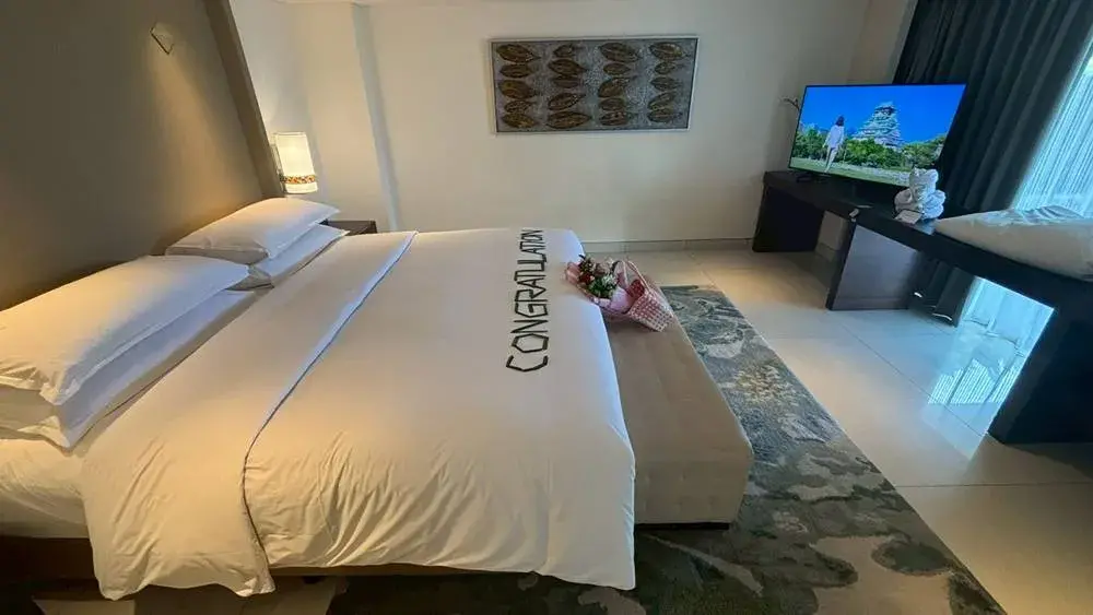 シェラトン・バリ・クタ・リゾートのプラチナ特典で、アップグレードされたスイートルームのベッドルーム