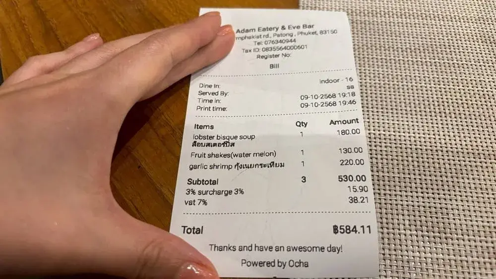 Eden Restaurant & Bar Patong|お会計